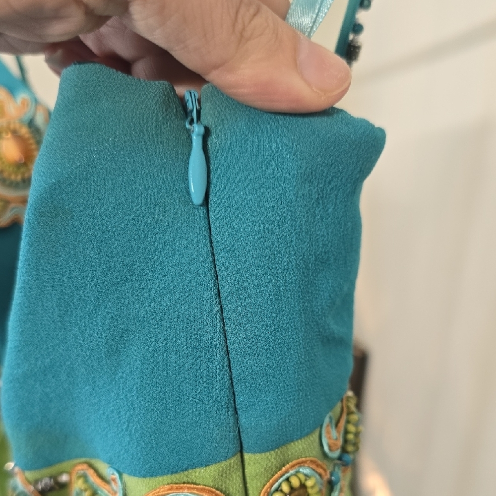 Sue Wong Green And Blue Color Block Beaded 100% Silk Dress - Picture 5 of 6